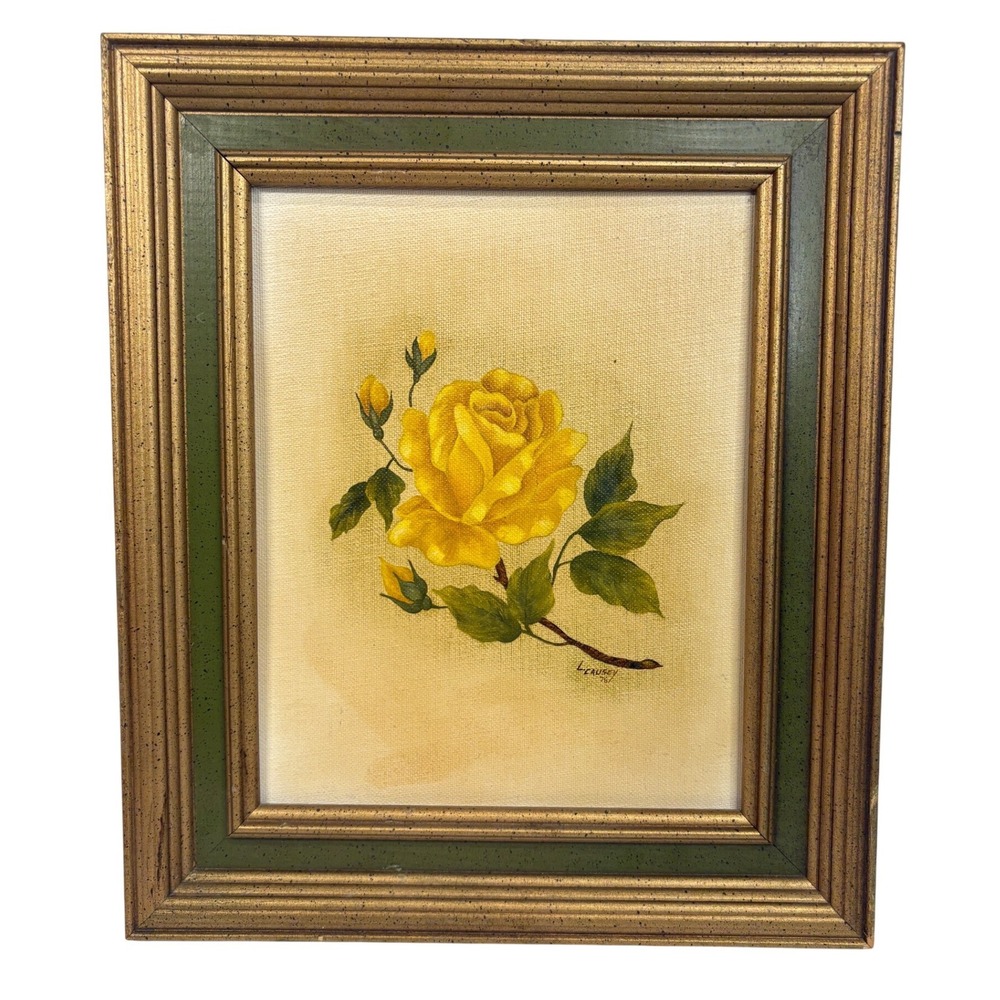 Vintage 1976 Loretta Causey Signed Yellow Rose Oil Painting Framed 8x10 Canvas